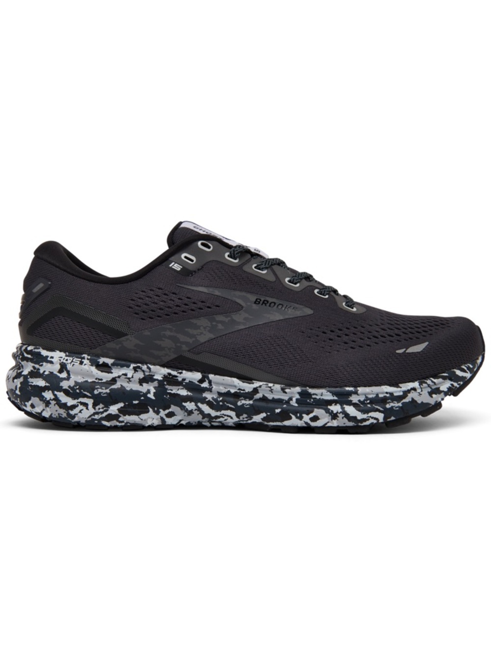 Brooks Ghost 15 Black Running Shoe with Black & White Patterned Midsole